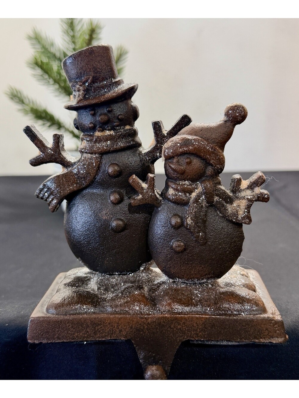 Cast Iron Antique finished snowman family Christmas stocking hanger holder